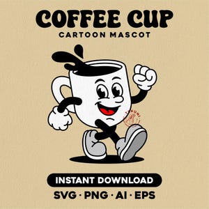 Mascote retrô de café - Ilustração de personagem de desenho animado vintage para camiseta, adesivo, logotipo - Download instantâneo
