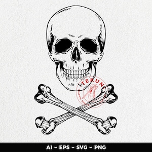 May include: A black and white illustration of a skull and crossbones. The skull is detailed with teeth and eye sockets. The crossbones are simple and symmetrical.