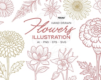 Hand Drawn Flower Line Art SVG Bundle, Botanical PNG (Digital Download)