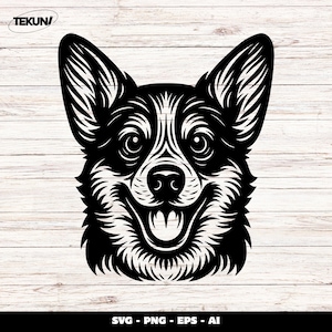 コーギー犬の頭のSVG：リノカットスタイルのクリップアート（デジタルダウンロード）