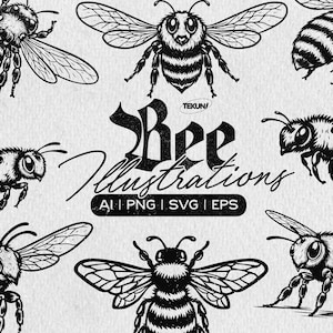 Op de afbeelding: Zwart-wit illustraties van bijen in verschillende poses. De afbeelding bevat de tekst "Bee Illustrations" en de bestandstype-opties AI, PNG, SVG en EPS.