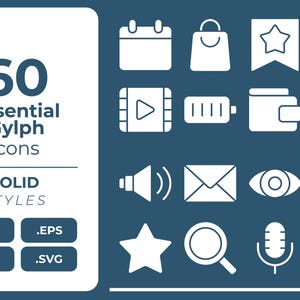Op de afbeelding: Een verzameling van 60 essentiële glyph-pictogrammen in effen witte stijlen, waaronder kalender, boodschappentas, ster, computer, video, batterij, portemonnee en meer. De afbeelding bevat ook pictogrammen voor bestandstypen zoals .AI, .EPS, .PNG en .SVG.