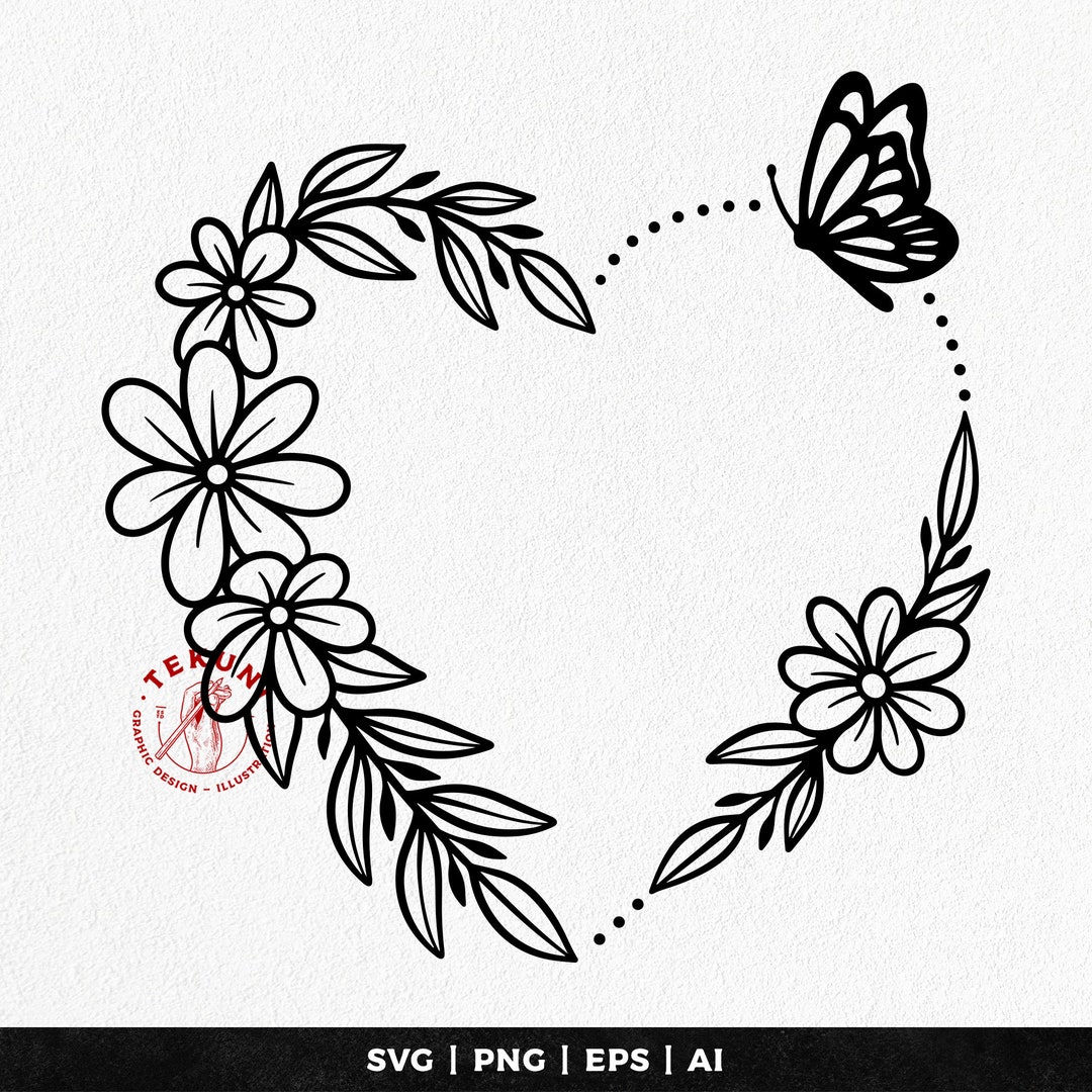 Floral Heart Wreath With Butterfly Svg - Instant Download - Etsy