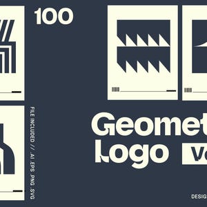 May include: Geometric Logo Vol. 4 design featuring four abstract logo concepts in black and white. The number "100" is at the top, with the words "Geometric Logo Vol. 4" in white. The design includes file formats: AI, EPS, PNG, SVG.