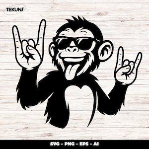 May include: Black and white illustration of a monkey wearing sunglasses and making a rock and roll hand gesture. The monkey has its tongue sticking out. The image includes the text "SVG - PNG - EPS - AI".