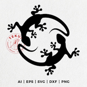 May include: Black silhouette of two geckos facing each other, their tails forming a circle. The geckos are in a stylized design, with their limbs and tails curved.