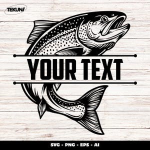 Könnte beinhalten: Schwarz-weiße Illustration eines Fisches mit dem Text "YOUR TEXT". Der Fisch ist in zwei Hälften geteilt, wobei der Kopf und der Schwanz durch den Text getrennt sind. Der Hintergrund ist ein helles Holzmaserungsmuster.
