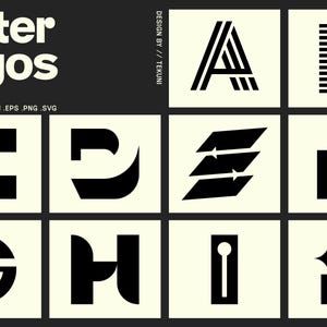 Può includere: Una collezione di loghi di lettere in bianco e nero in stile minimalista. L'immagine include il testo "Letter Logos" e "FILE INCLUDED // AI .EPS .PNG .SVG". Ogni lettera è visualizzata su un quadrato color crema.