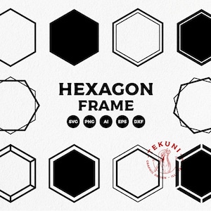 May include: A set of 10 black and white hexagon frame illustrations. The frames are in various styles, including solid, outlined, and double-outlined. The text "HEXAGON FRAME" is in bold, black letters. Below the text are five circles with the text "SVG", "PNG", "AI", "EPS", and "DXF" in white letters.