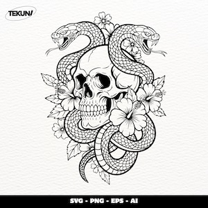 May include: Black and white illustration of a skull with two snakes and flowers. The snakes are coiled around the skull, with their heads raised. The flowers are hibiscus. The image includes the text "SVG - PNG - EPS - AI".