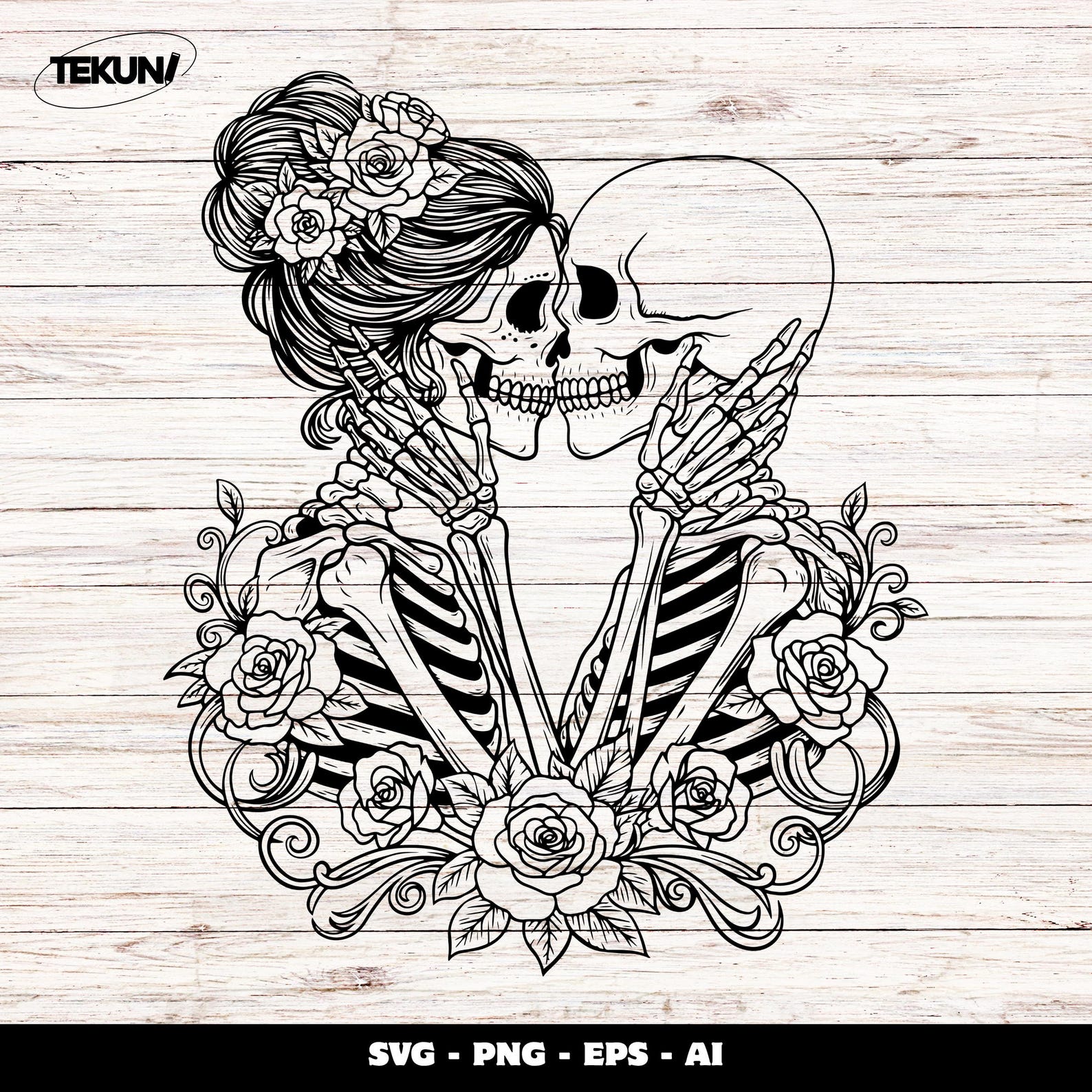 Gothic Valentine Skull Couple SVG: Floral Skeleton Lovers Clipart ...