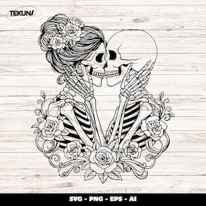 Skeleton Couple SVG, Gothic Valentine Skull Lovers Clipart, Romantic Skeleton Cut File, Floral Skull SVG Files for Cricut