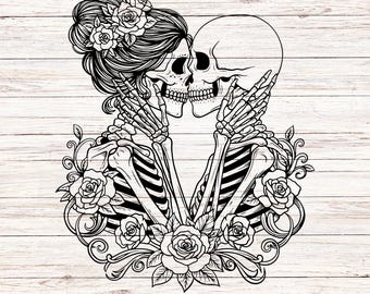 Gothic Valentine Skull Couple SVG: Floral Skeleton Lovers Clipart (Digital Download