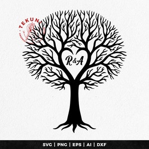 May include: Black silhouette of a tree with bare branches, forming a heart shape in the centre. The heart contains the initials "R & A".