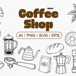 May include: Line art illustration of coffee shop elements, including a croissant, coffee cup, coffee maker, French press, kettle, coffee beans, portafilter, bread, coffee bag, moka pot, donut, and espresso machine. The words "Coffee Shop" are displayed.