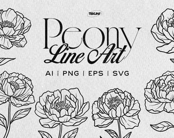 Peony Flower SVG, Peony Line Art Illustrations, Hand-Drawn Floral Vector (Digital Download)