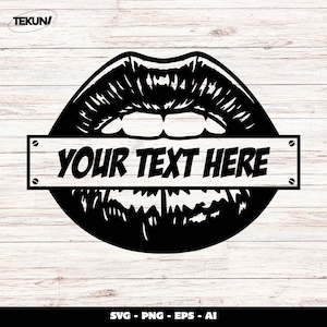 May include: Black and white graphic of stylized lips with the text "YOUR TEXT HERE" on a rectangular sign. The design is set against a light wood grain background, suitable for various design projects.