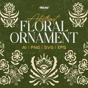 May include: An olive green background with an abstract floral ornament design. The text "Abstract Floral Ornament" is in the center, with file type indicators below. The design features cream-colored floral patterns.