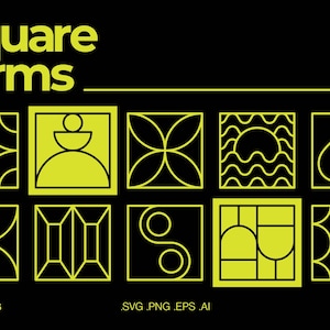 Pode incluir: Um design gráfico preto com as palavras "Square forms" em amarelo e nove formas quadradas amarelas. O texto "90 formas" e informações sobre o tipo de arquivo estão incluídos. O design é rotulado como "Vol. 1".