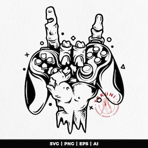 May include: Black and white illustration of a hand holding a video game controller. The hand is making the rock and roll hand gesture. The controller has buttons and a joystick. The image includes the text "KUNI GRAPHIC DESIGN - ILLUSTRATOR".
