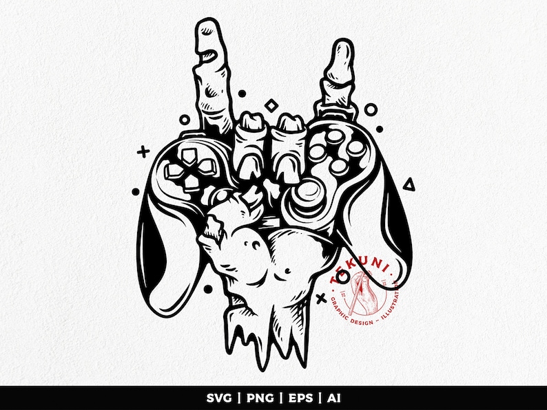 Pu&ograve; includere: Illustrazione in bianco e nero di una mano che tiene un controller per videogiochi. La mano sta facendo il gesto rock and roll. Il controller ha pulsanti e un joystick. L'immagine include il testo "KUNI GRAPHIC DESIGN - ILLUSTRATOR".