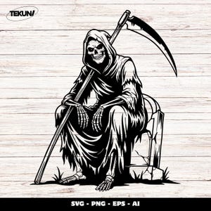 Grim Reaper SVG, Skeleton Death Sitting Clipart, Reaper with Scythe SVG Cut File, Halloween Graveyard Design