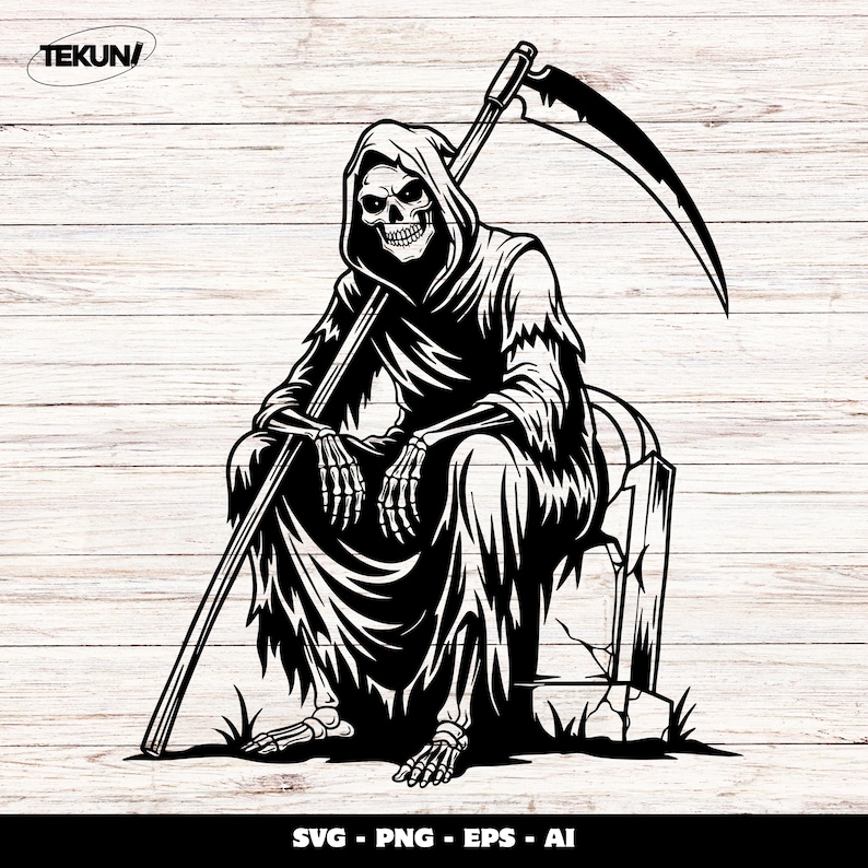 May include: A black and white illustration of the Grim Reaper sitting on a tombstone, holding a scythe. The Reaper is wearing a hooded cloak. The image is set against a wood-grain background. The bottom of the image has the text "SVG - PNG - EPS - AI".