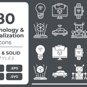 Puede incluir: Gráfico con 80 iconos de tecnología y digitalización en estilos de línea y sólido. Los iconos incluyen una bombilla, auriculares de realidad virtual, reloj inteligente, mando de juegos y un robot. La imagen también incluye iconos de tipo de archivo.
