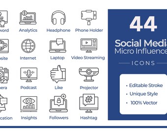 Iconos de influencers en redes sociales, vectores de marketing digital, paquete de iconos empresariales - Descarga instantánea