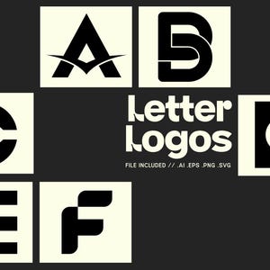 May include: A selection of black and white letter logos on a cream backdrop. The logos feature the letters A, B, C, D, E, and F, each with a distinct design. The text "Letter Logos" is also visible.