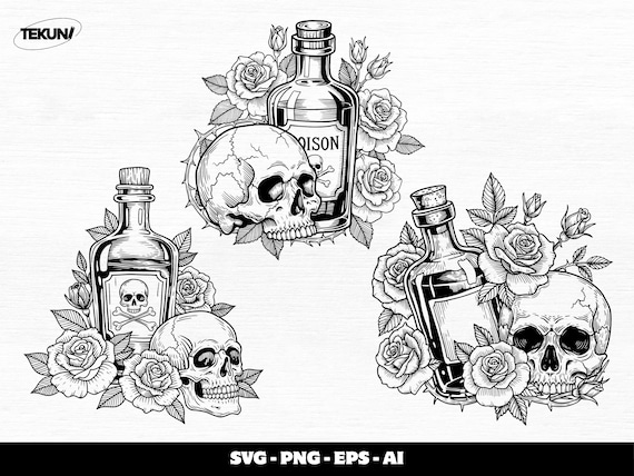 Poison Bottle Skull SVG Bundle, Gothic Floral Clipart (digital