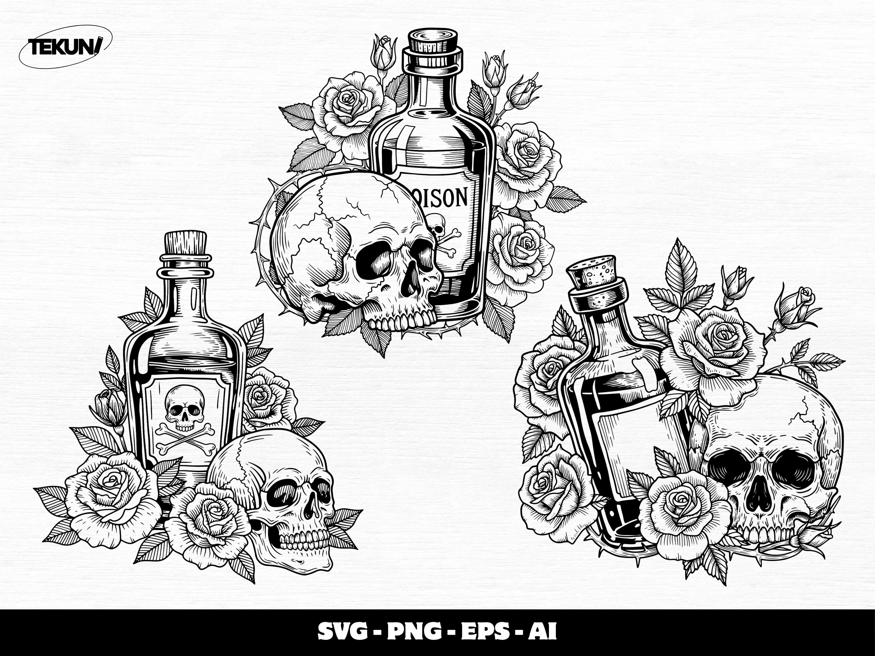 Poison Bottle Skull SVG Bundle, Gothic Floral Clipart (digital