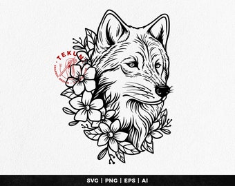 Wolf with flowers svg, floral wolf - Instant download