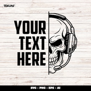 May include: Black and white graphic design featuring a skull wearing a headset. The left side of the image has the text "YOUR TEXT HERE" in bold, black letters. The background is a light wood grain pattern.