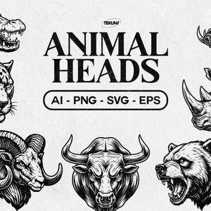 Può includere: Illustrazioni in bianco e nero di teste di animali, tra cui un coccodrillo, una tigre, un cinghiale, un rinoceronte, un ariete, un toro e un orso. Il testo "ANIMAL HEADS" è visualizzato con "AI - PNG - SVG - EPS".