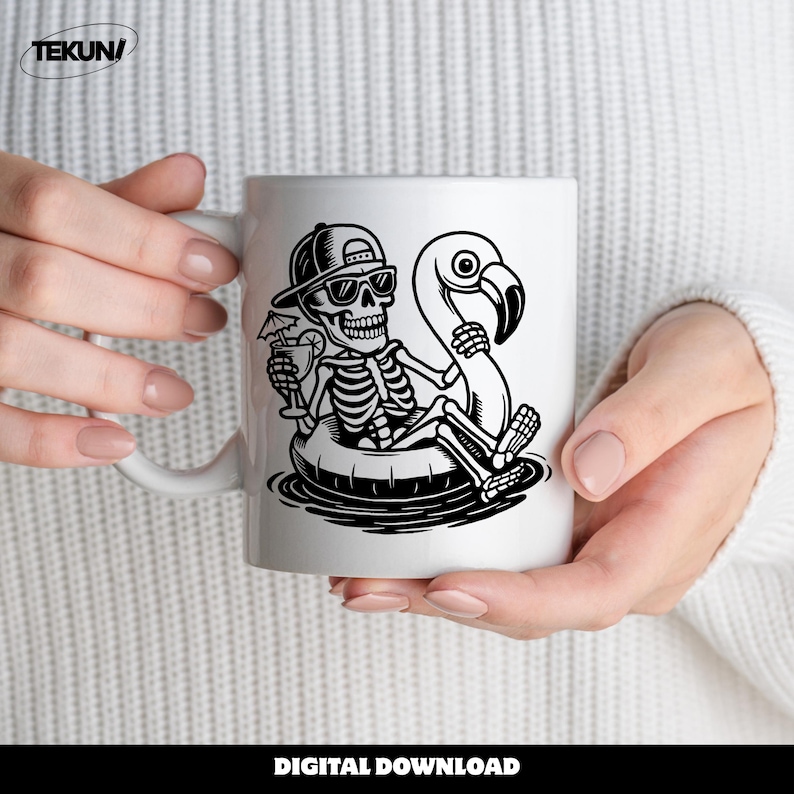 May include: White ceramic mug featuring a black and white illustration of a skeleton relaxing on a flamingo float, wearing sunglasses and a cap, holding a cocktail. The mug has a handle and the text "DIGITAL DOWNLOAD" at the bottom.