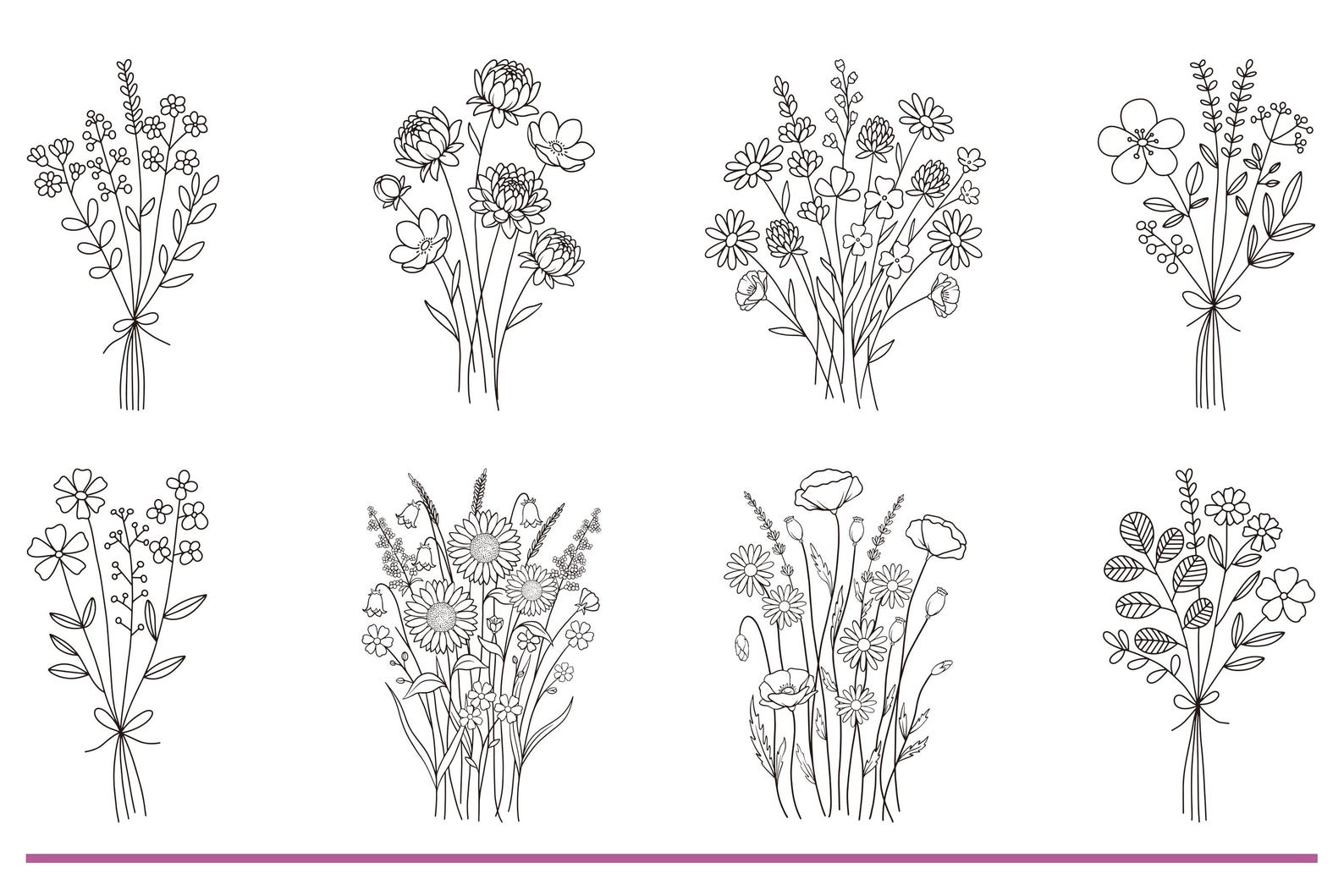 Wildflower Bouquet SVG Bundle, Hand-drawn Botanical Line Art Flowers ...