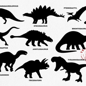 May include: Silhouettes of various dinosaurs, including a Parasaurolophus, Stegosaurus, Brontosaurus, Velociraptor, Ankylosaurus, Iguanodon, Triceratops, Pterodactyl, and Tyrannosaurus Rex.