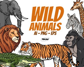 Wild Animals Illustrations, Safari Jungle Animal Clipart, Wildlife Graphics, Zoo Animals Printable Art