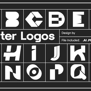 Op de afbeelding: Een zwart-wit afbeelding met een raster van letterlogo's. De woorden "Letter Logos" zijn wit weergegeven, samen met de tekst "Design by" en "File Included: .AI .PNG .EPS .SVG".