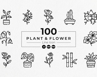 Plant and flower line icon set - Digital download