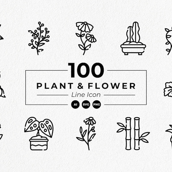 Plant and flower line icon set - Digital download