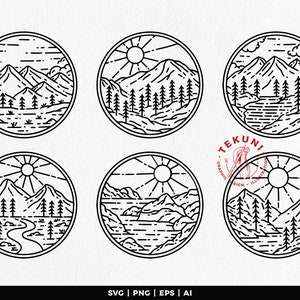 Pode incluir: Seis ilustrações em preto e branco de paisagens montanhosas com sol, árvores e água. Cada ilustração está em um círculo.