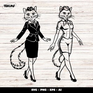 May include: Black and white vector illustration of two anthropomorphic cats in stewardess uniforms. One cat is in a skirt suit, the other in a short-sleeved uniform. Both cats wear hats and heels. The image includes the text "SVG - PNG - EPS - AI".