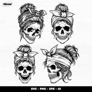 Messy Bun Skull Girl SVG Bundle: Gothic Mom Life Clipart (Digital Download