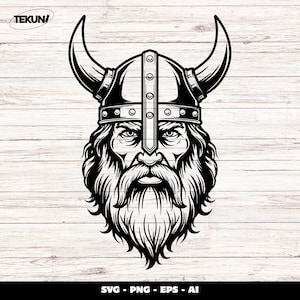 Peut inclure: Illustration en noir et blanc d'une tête de guerrier viking, avec un casque à cornes et une longue barbe. Le texte "SVG - PNG - EPS - AI" est inclus. Le logo Tekun est dans le coin supérieur gauche.