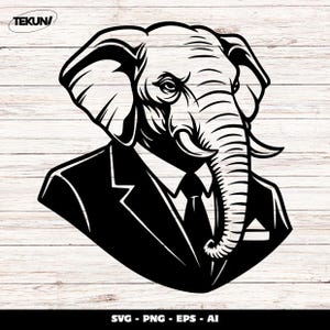 May include: A monochrome illustration of an elephant in a suit and tie. The elephant's head is the focal point, with intricate lines depicting its features. The image includes the text "SVG - PNG - EPS - AI".