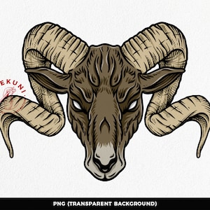 May include: A detailed illustration of a ram's head with large, curled horns. The horns are a light brown color with intricate details, while the ram's face is a darker brown with a fierce expression.