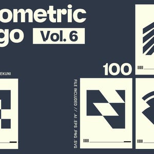 Könnte beinhalten: Geometrisches Logo Vol. 6 Design mit 100 Logo-Optionen. Das Design zeigt einen dunkelblauen Hintergrund mit weißen und schwarzen geometrischen Logo-Designs. Der Text "Geometric Logo Vol. 6" steht oben. Der Text "Designed by // Tekuni" ist ebenfalls enthalten.