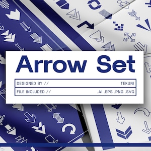 Puede incluir: Colección de diseños de flechas blancas sobre fondo azul. La imagen incluye un rectángulo blanco con el texto "Arrow Set" e información del tipo de archivo. Los diseños incluyen flechas que apuntan en diferentes direcciones.